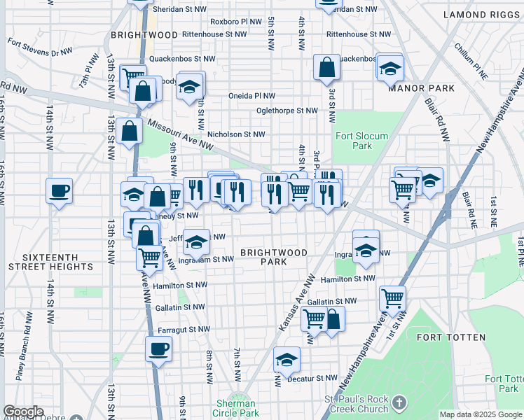 map of restaurants, bars, coffee shops, grocery stores, and more near 513 Kennedy Street Northwest in Washington