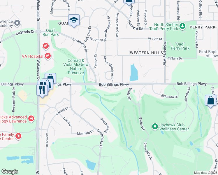 map of restaurants, bars, coffee shops, grocery stores, and more near 4309 Quail Pointe Terrace in Lawrence