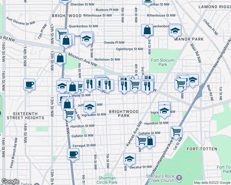 map of restaurants, bars, coffee shops, grocery stores, and more near 525 Kennedy Street Northwest in Washington