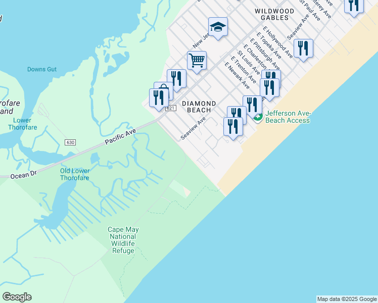 map of restaurants, bars, coffee shops, grocery stores, and more near 300 East Raleigh Avenue in Wildwood Crest