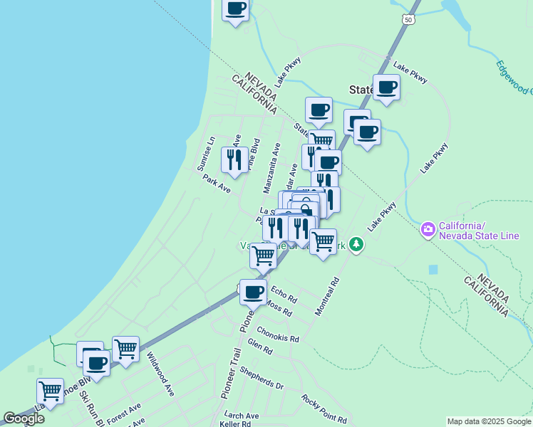map of restaurants, bars, coffee shops, grocery stores, and more near 947 Park Avenue in South Lake Tahoe