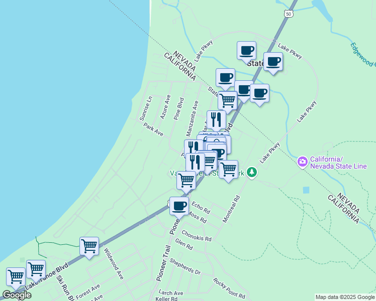 map of restaurants, bars, coffee shops, grocery stores, and more near 947 Park Avenue in South Lake Tahoe