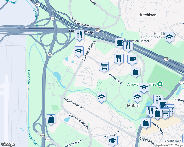 map of restaurants, bars, coffee shops, grocery stores, and more near 2408 Little Current Drive in Herndon