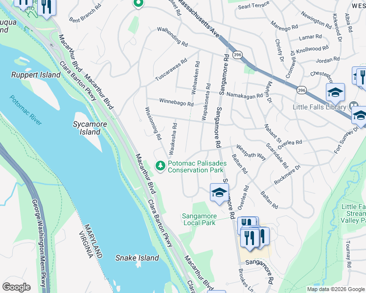 map of restaurants, bars, coffee shops, grocery stores, and more near 5104 Wehawken Road in Bethesda