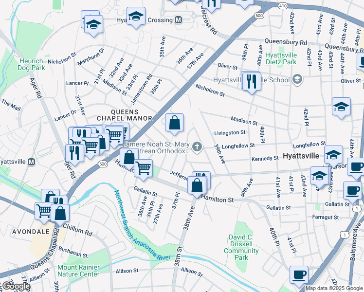 map of restaurants, bars, coffee shops, grocery stores, and more near 3608 Longfellow Street in Hyattsville