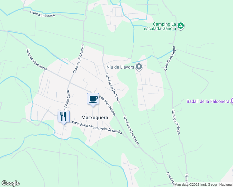 map of restaurants, bars, coffee shops, grocery stores, and more near 222 Diseminado Marchuquera in Palma de Gandia