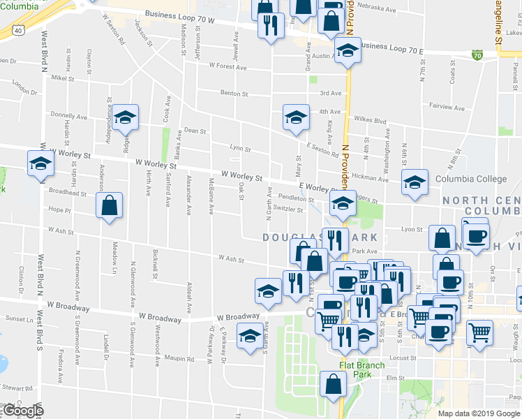 map of restaurants, bars, coffee shops, grocery stores, and more near 400 Oak Street in Columbia
