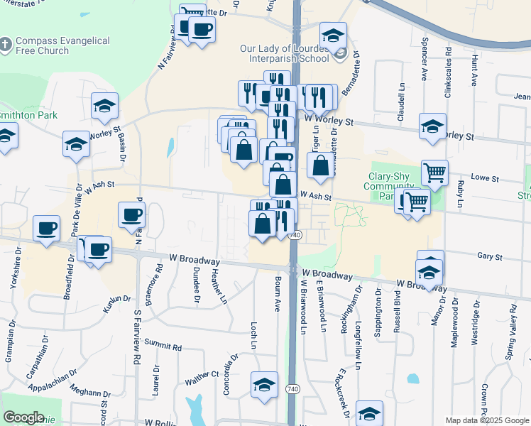 map of restaurants, bars, coffee shops, grocery stores, and more near 111 North Stadium Boulevard in Columbia