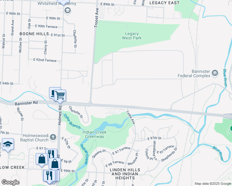 map of restaurants, bars, coffee shops, grocery stores, and more near 1500 Bannister Road in Kansas City