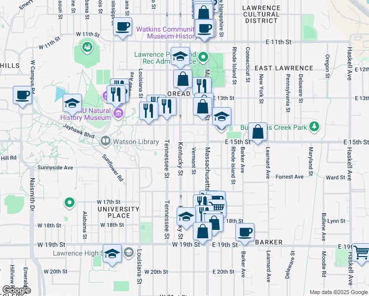 map of restaurants, bars, coffee shops, grocery stores, and more near 1512 Kentucky Street in Lawrence