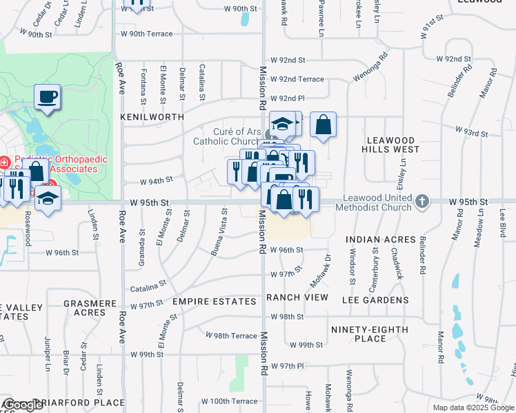 map of restaurants, bars, coffee shops, grocery stores, and more near in Leawood