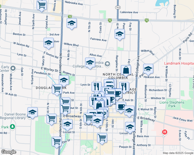 map of restaurants, bars, coffee shops, grocery stores, and more near 414 North 8th Street in Columbia