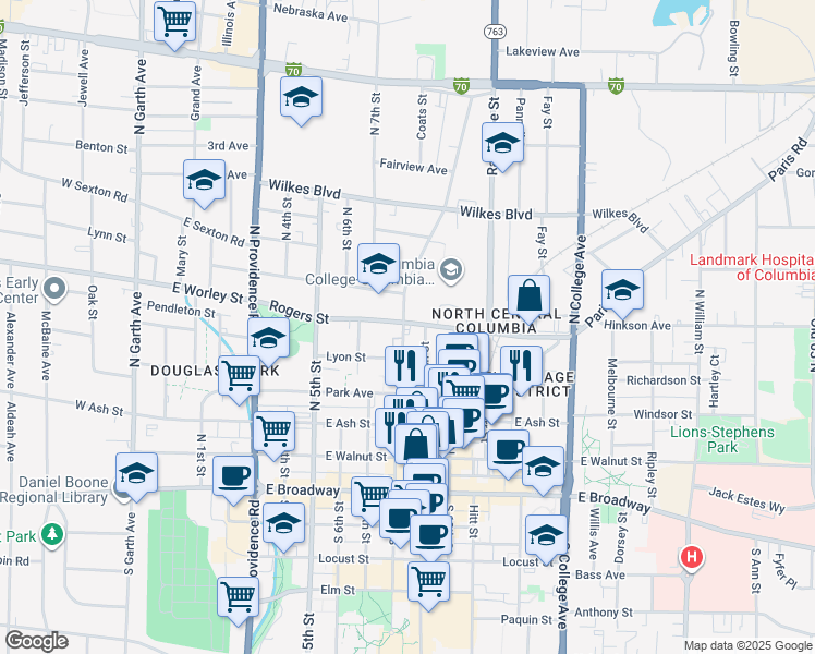 map of restaurants, bars, coffee shops, grocery stores, and more near 802 Rogers Street in Columbia