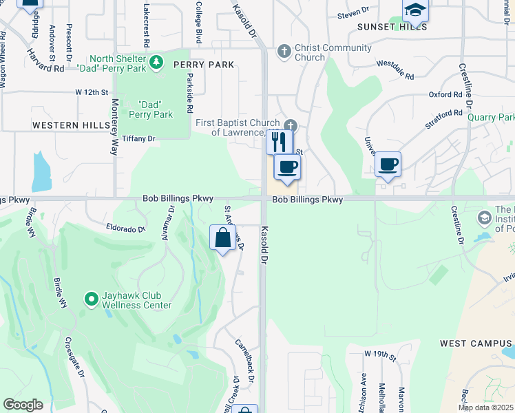 map of restaurants, bars, coffee shops, grocery stores, and more near 1501 Kasold Drive in Lawrence