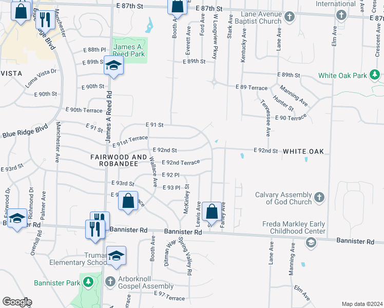 map of restaurants, bars, coffee shops, grocery stores, and more near 8701 East 92nd Street in Kansas City