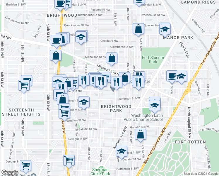 map of restaurants, bars, coffee shops, grocery stores, and more near 521 Kennedy Street Northwest in Washington