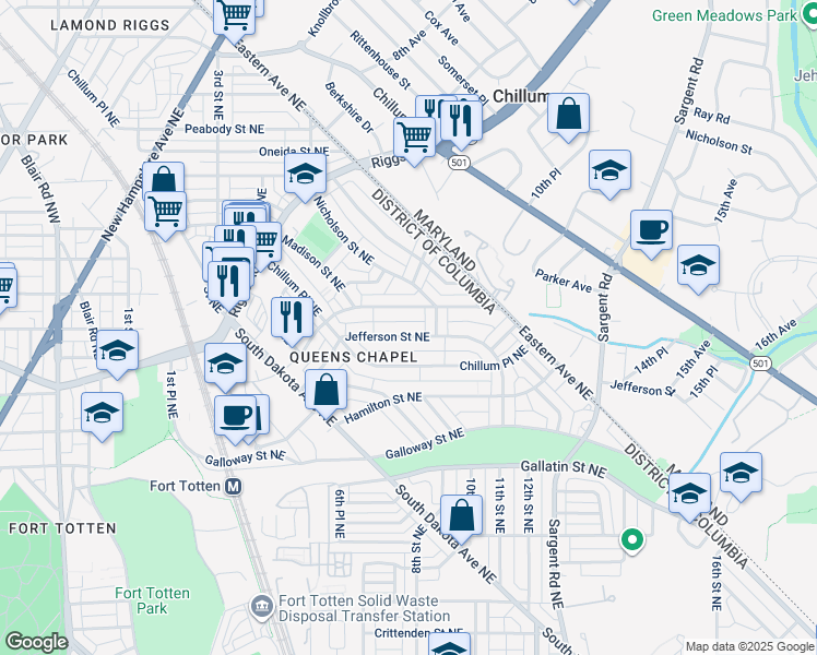 map of restaurants, bars, coffee shops, grocery stores, and more near 714 Jefferson Street Northeast in Washington