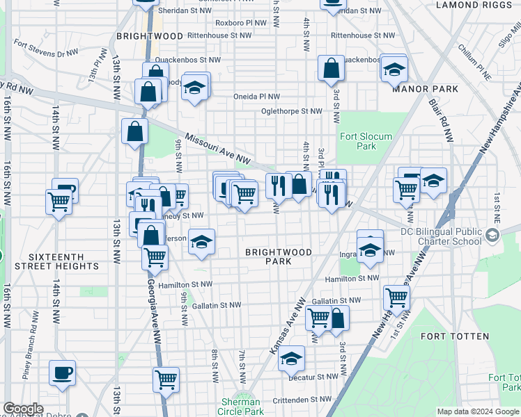 map of restaurants, bars, coffee shops, grocery stores, and more near 525 Kennedy Street Northwest in Washington