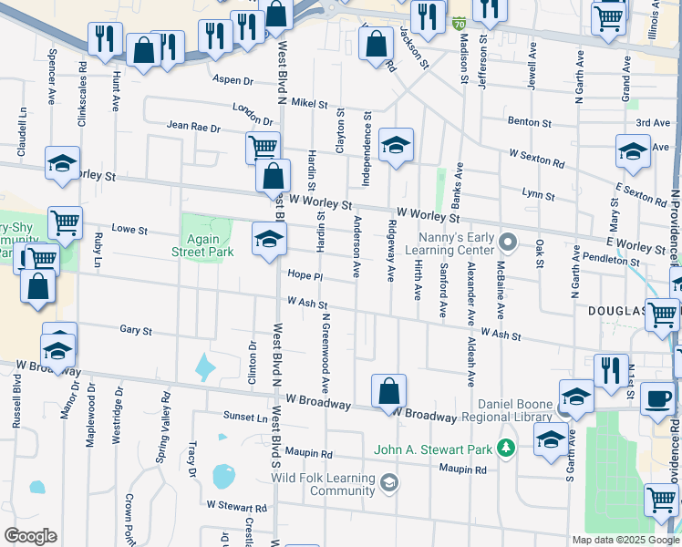 map of restaurants, bars, coffee shops, grocery stores, and more near 809 Hope Place in Columbia