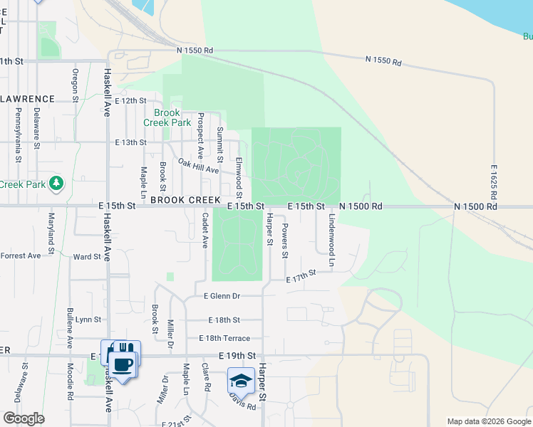 map of restaurants, bars, coffee shops, grocery stores, and more near 1509 Harper Street in Lawrence