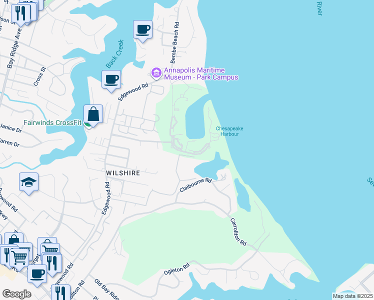 map of restaurants, bars, coffee shops, grocery stores, and more near 2102 Chesapeake Harbour Drive East in Annapolis