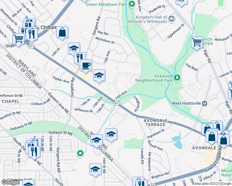 map of restaurants, bars, coffee shops, grocery stores, and more near 5602 Cypress Creek Drive in Chillum