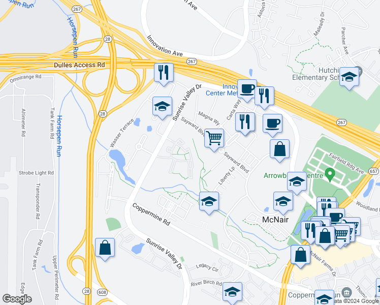 map of restaurants, bars, coffee shops, grocery stores, and more near 2403 Little Current Drive in Herndon