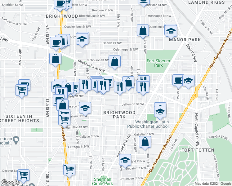 map of restaurants, bars, coffee shops, grocery stores, and more near 505 Kennedy Street Northwest in Washington