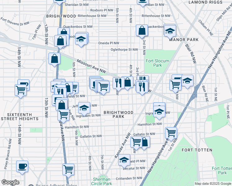 map of restaurants, bars, coffee shops, grocery stores, and more near 501 Kennedy Street Northwest in Washington