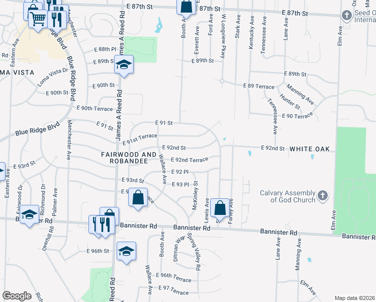 map of restaurants, bars, coffee shops, grocery stores, and more near 8607 East 92nd Street in Kansas City