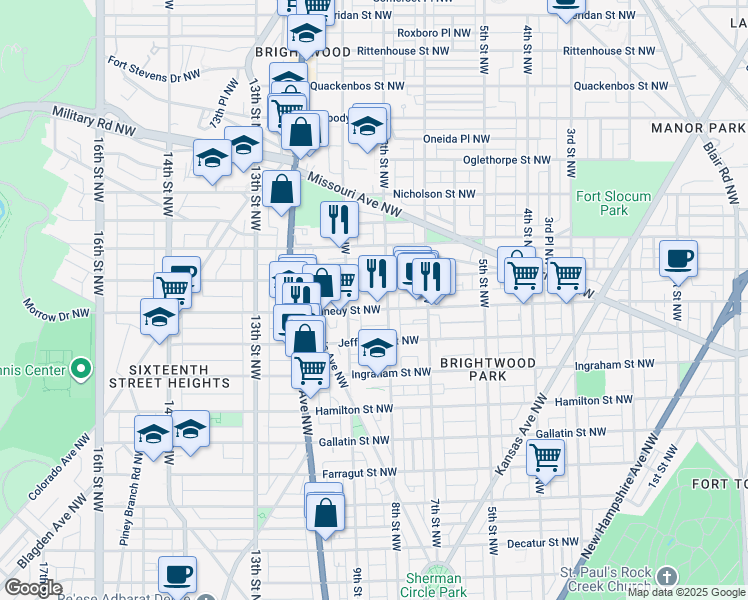 map of restaurants, bars, coffee shops, grocery stores, and more near 809 Kennedy Street Northwest in Washington