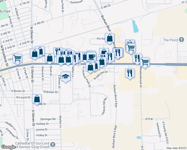map of restaurants, bars, coffee shops, grocery stores, and more near 1224 East Tipton Street in Seymour