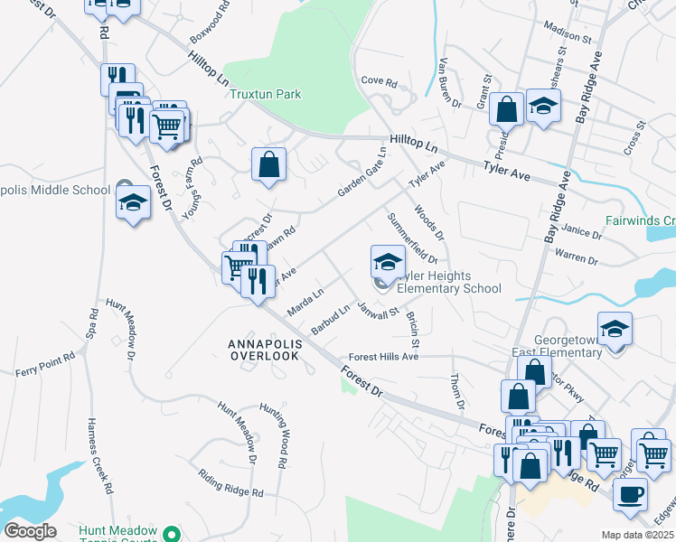 map of restaurants, bars, coffee shops, grocery stores, and more near 200 Janwall Street in Annapolis