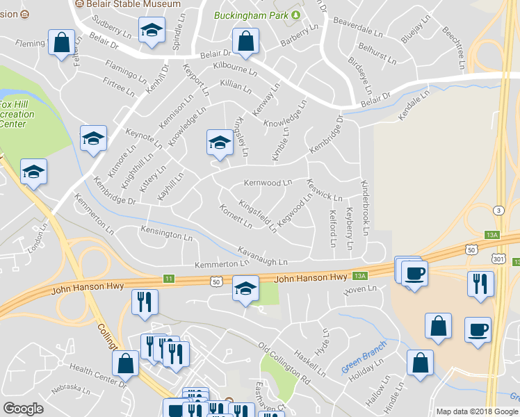 map of restaurants, bars, coffee shops, grocery stores, and more near 12610 Kingsfield Lane in Bowie