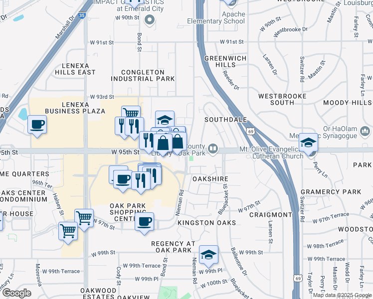 map of restaurants, bars, coffee shops, grocery stores, and more near 11860 West 95th Street in Overland Park