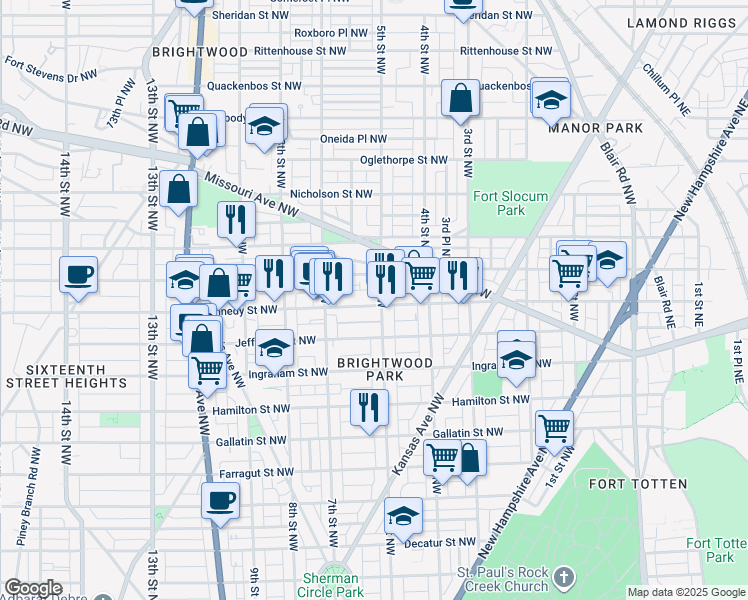 map of restaurants, bars, coffee shops, grocery stores, and more near 505 Kennedy Street Northwest in Washington