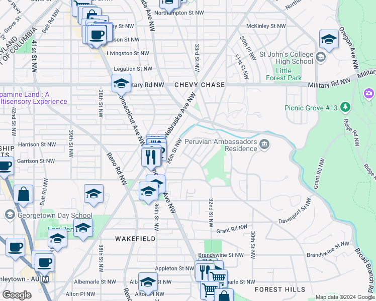map of restaurants, bars, coffee shops, grocery stores, and more near 5149 Linnean Terrace Northwest in Washington
