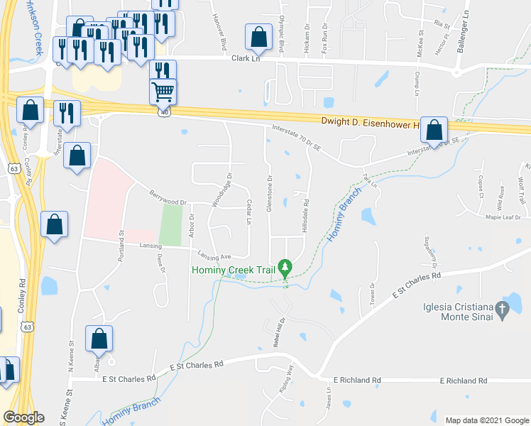 map of restaurants, bars, coffee shops, grocery stores, and more near 513 Glenstone Drive in Columbia