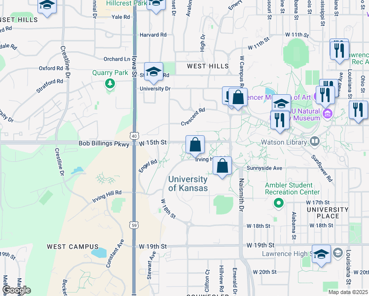 map of restaurants, bars, coffee shops, grocery stores, and more near 1603 West 15th Street in Lawrence