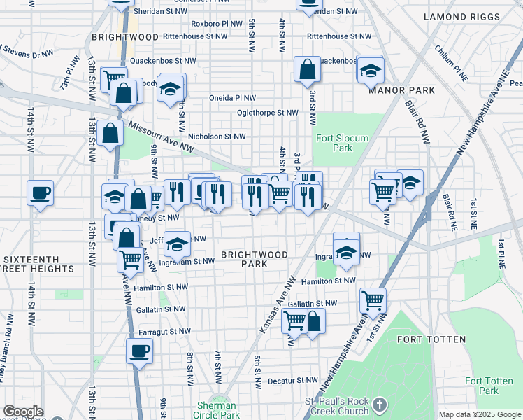 map of restaurants, bars, coffee shops, grocery stores, and more near 435 Kennedy Street Northwest in Washington