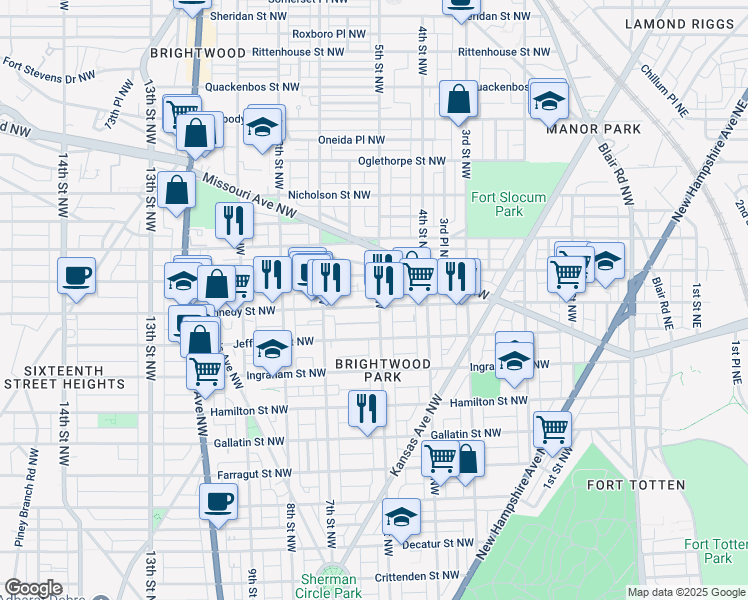 map of restaurants, bars, coffee shops, grocery stores, and more near 501 Kennedy Street Northwest in Washington