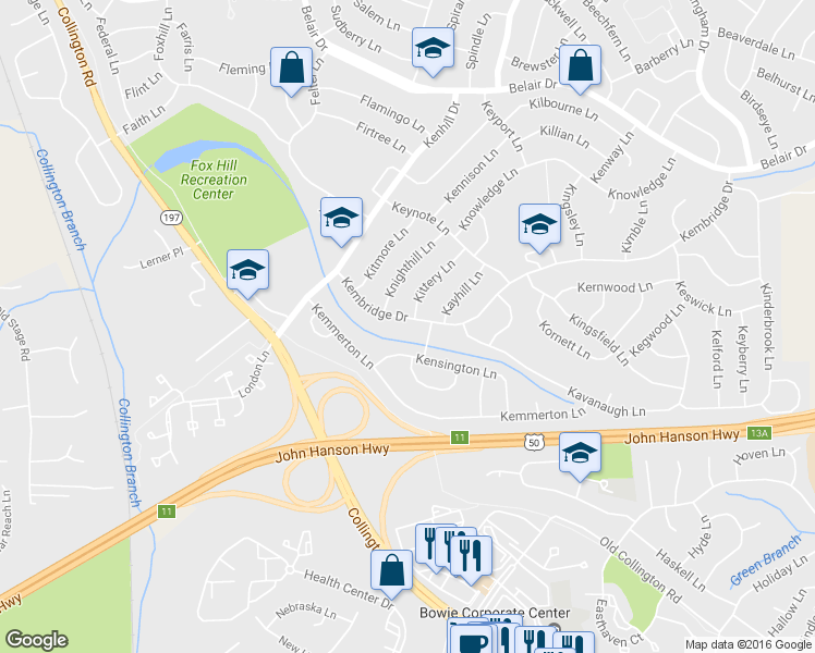 map of restaurants, bars, coffee shops, grocery stores, and more near 12409 Kembridge Drive in Bowie