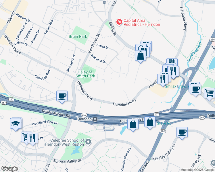 map of restaurants, bars, coffee shops, grocery stores, and more near 590 Herndon Parkway in Herndon