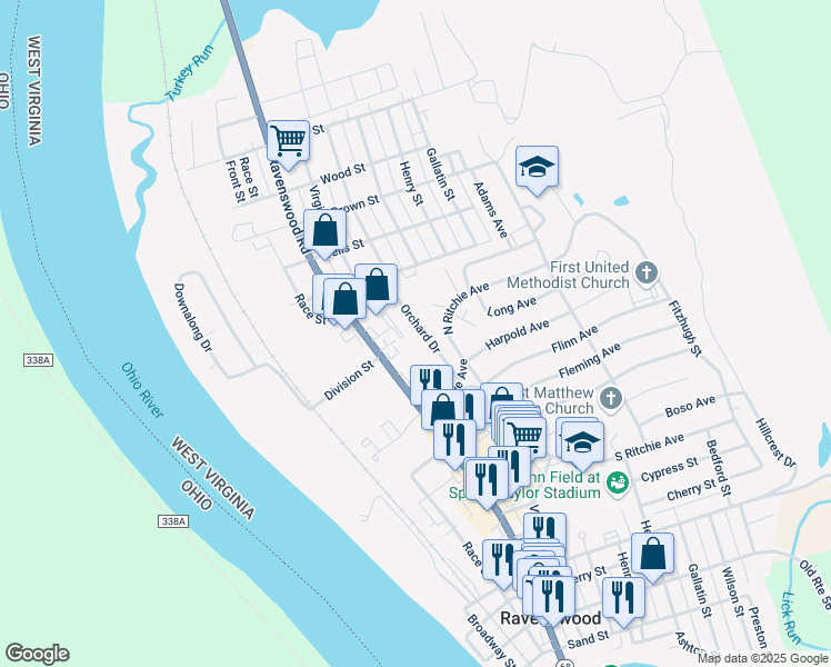 map of restaurants, bars, coffee shops, grocery stores, and more near 624 Orchard Dr in Ravenswood