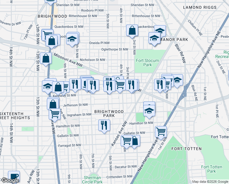 map of restaurants, bars, coffee shops, grocery stores, and more near 429 Kennedy Street Northwest in Washington