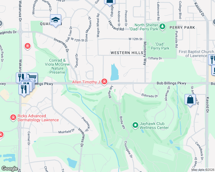 map of restaurants, bars, coffee shops, grocery stores, and more near 4101 Quail Pointe Terrace in Lawrence