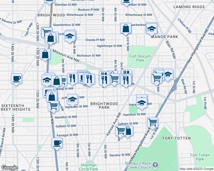 map of restaurants, bars, coffee shops, grocery stores, and more near 435 Kennedy Street Northwest in Washington