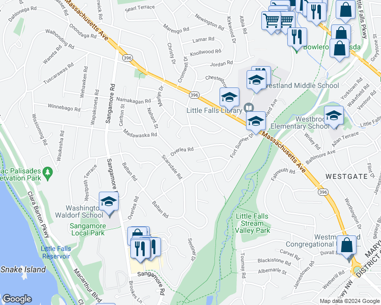 map of restaurants, bars, coffee shops, grocery stores, and more near 5704 Overlea Road in Bethesda