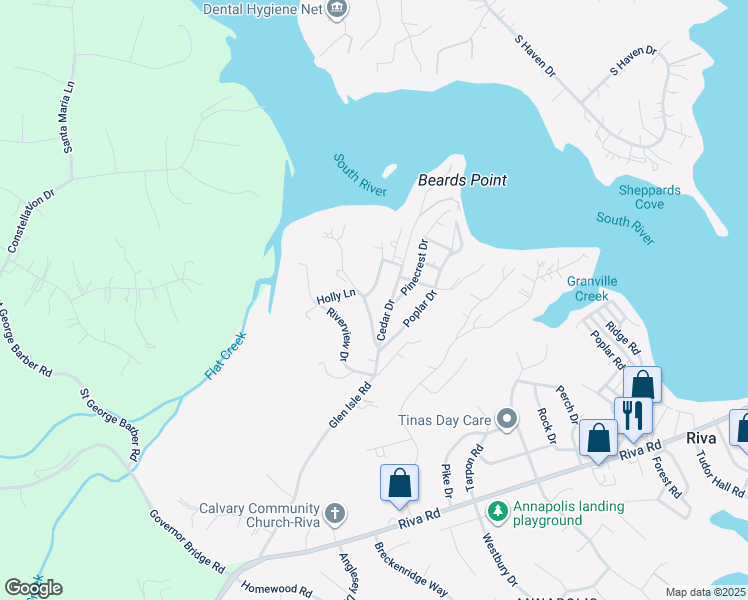 map of restaurants, bars, coffee shops, grocery stores, and more near 518 Laurel Road in Riva
