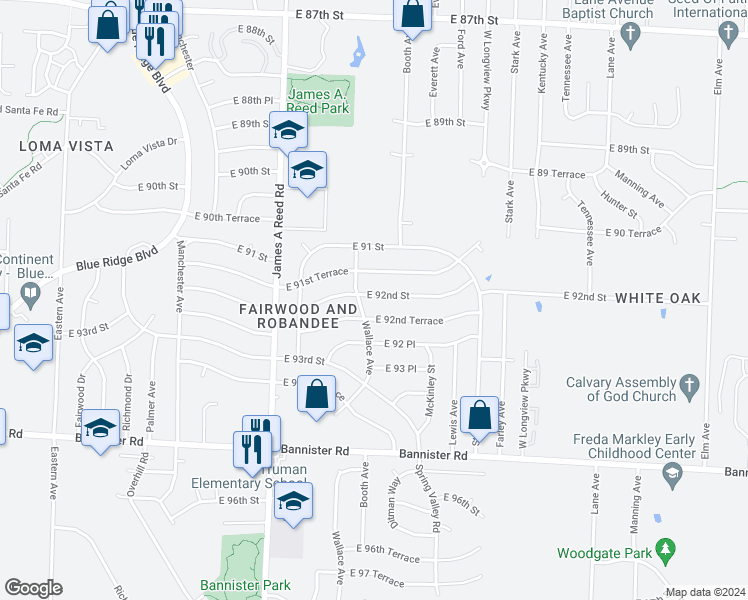 map of restaurants, bars, coffee shops, grocery stores, and more near 8503 East 92nd Street in Kansas City